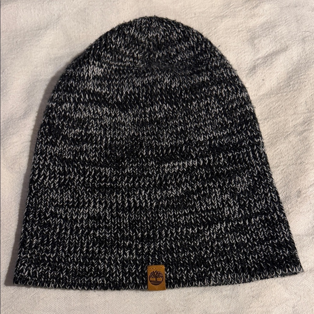 Timberland Mens Marled Knit Beanie Black White Salt and Pepper OS Logo Patch